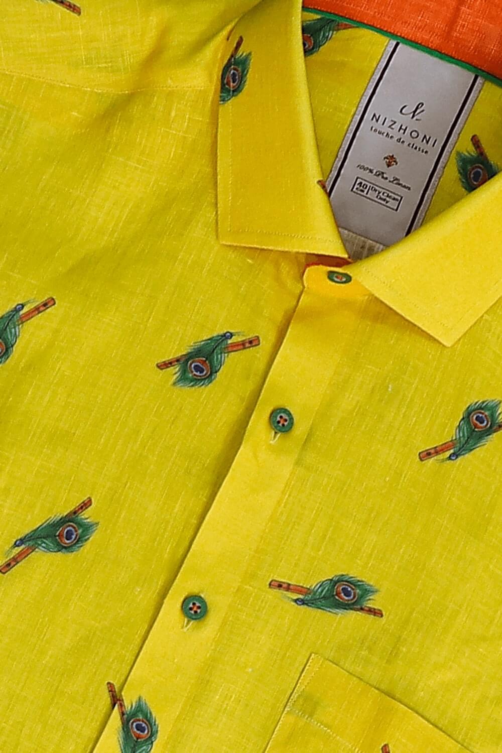 Yellow Peacock Flute Print Pro Linen Shirt 8618