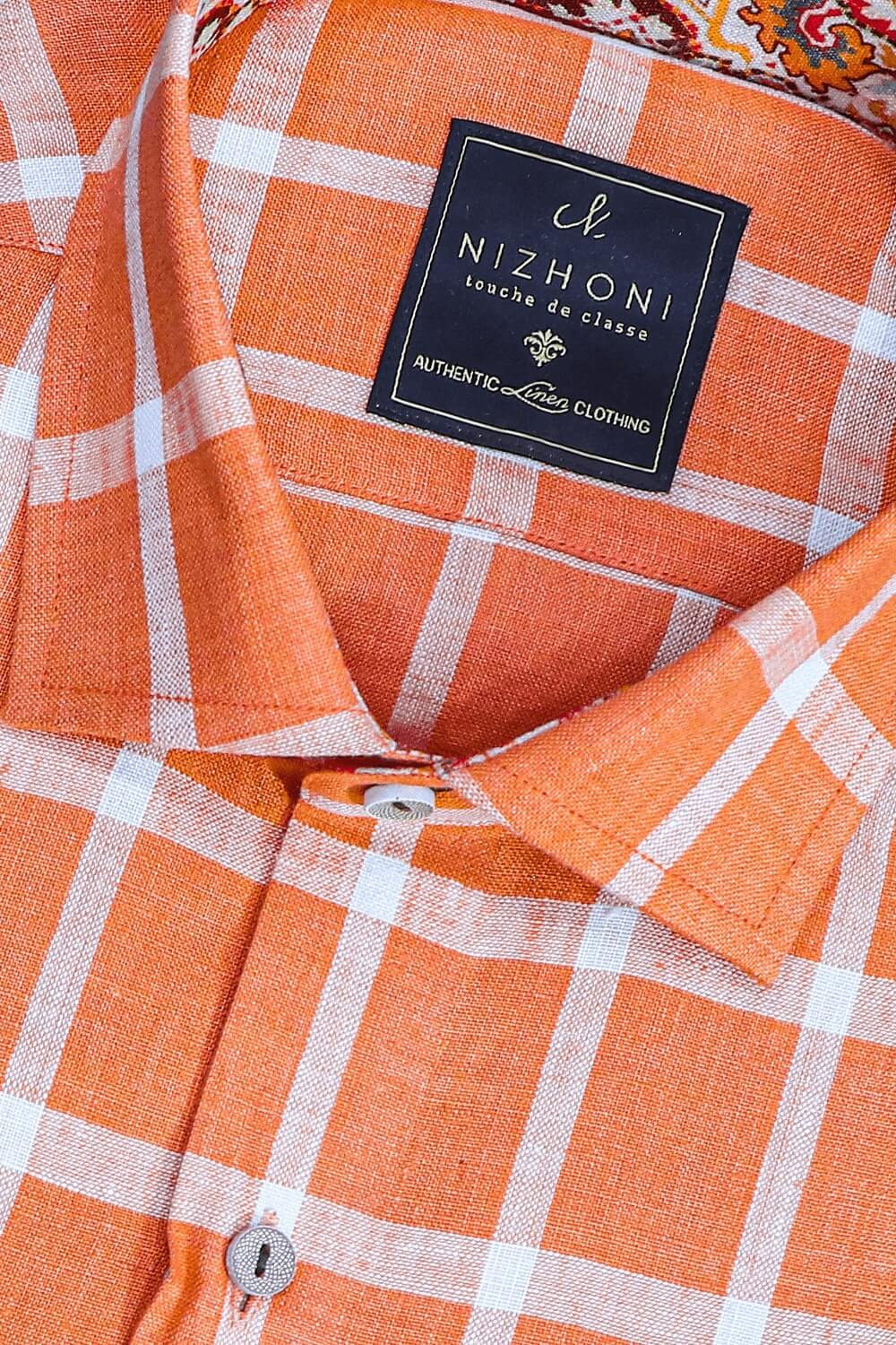 Orange White Checks Pro Linen Slim Fit Shirt 971