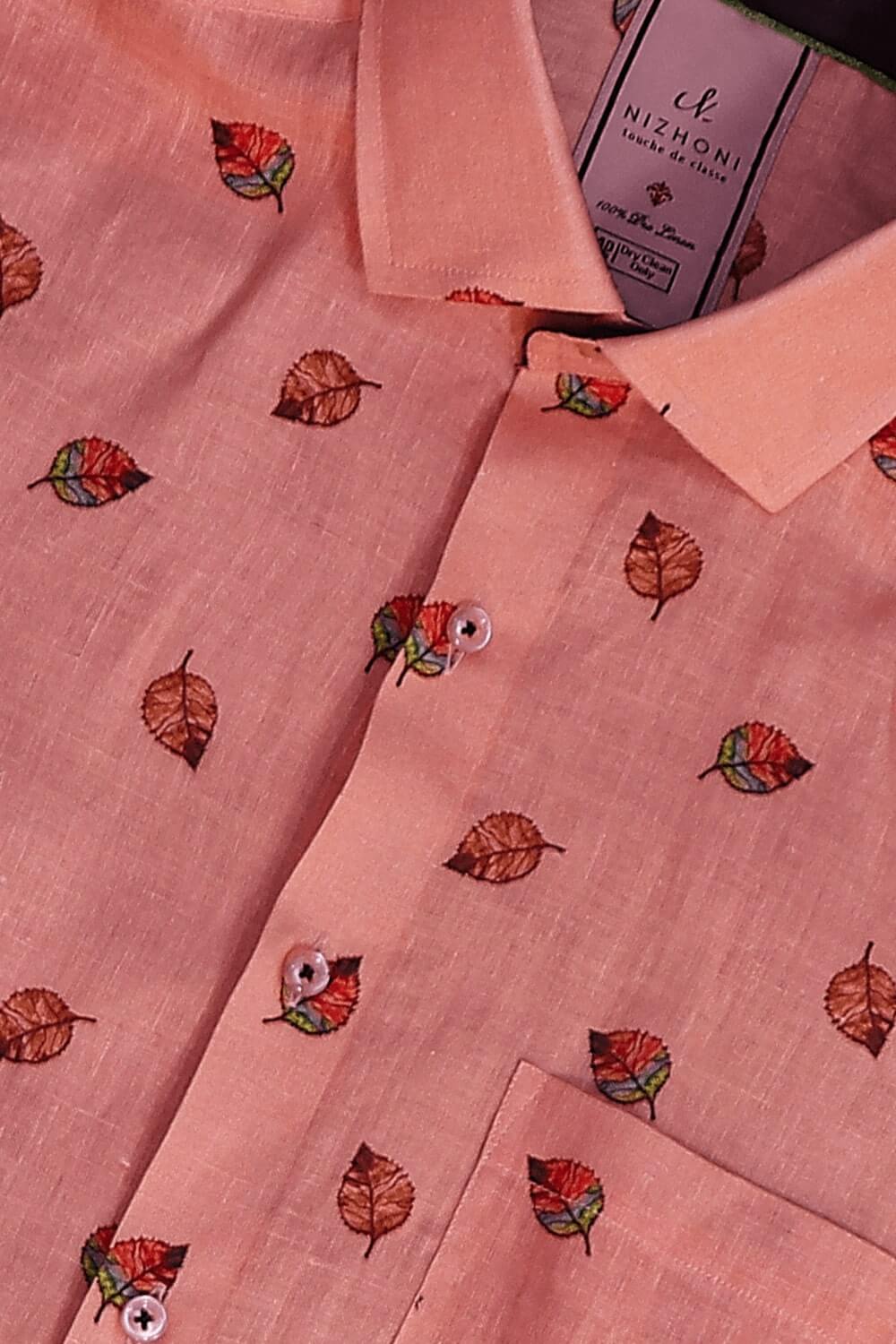 Peach Beech Leves Print Pro Linen Shirt 8634