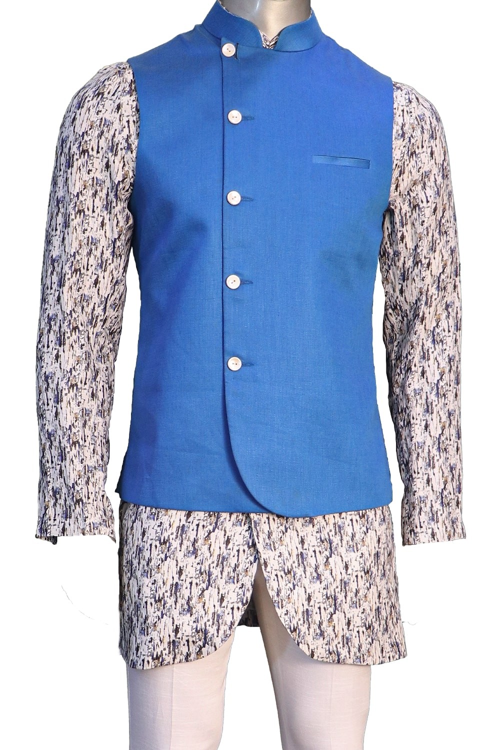 White Printed Kurta Set With Blue Jacket Pro Linen Bandi 6964
