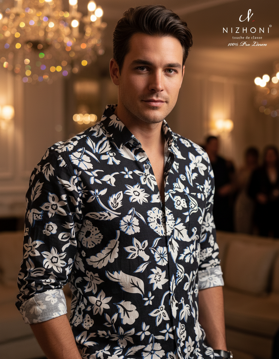 <p>BLACK PRINTED FLORAL PURE LINEN FULL SLEEVES SLIMFIT</p>