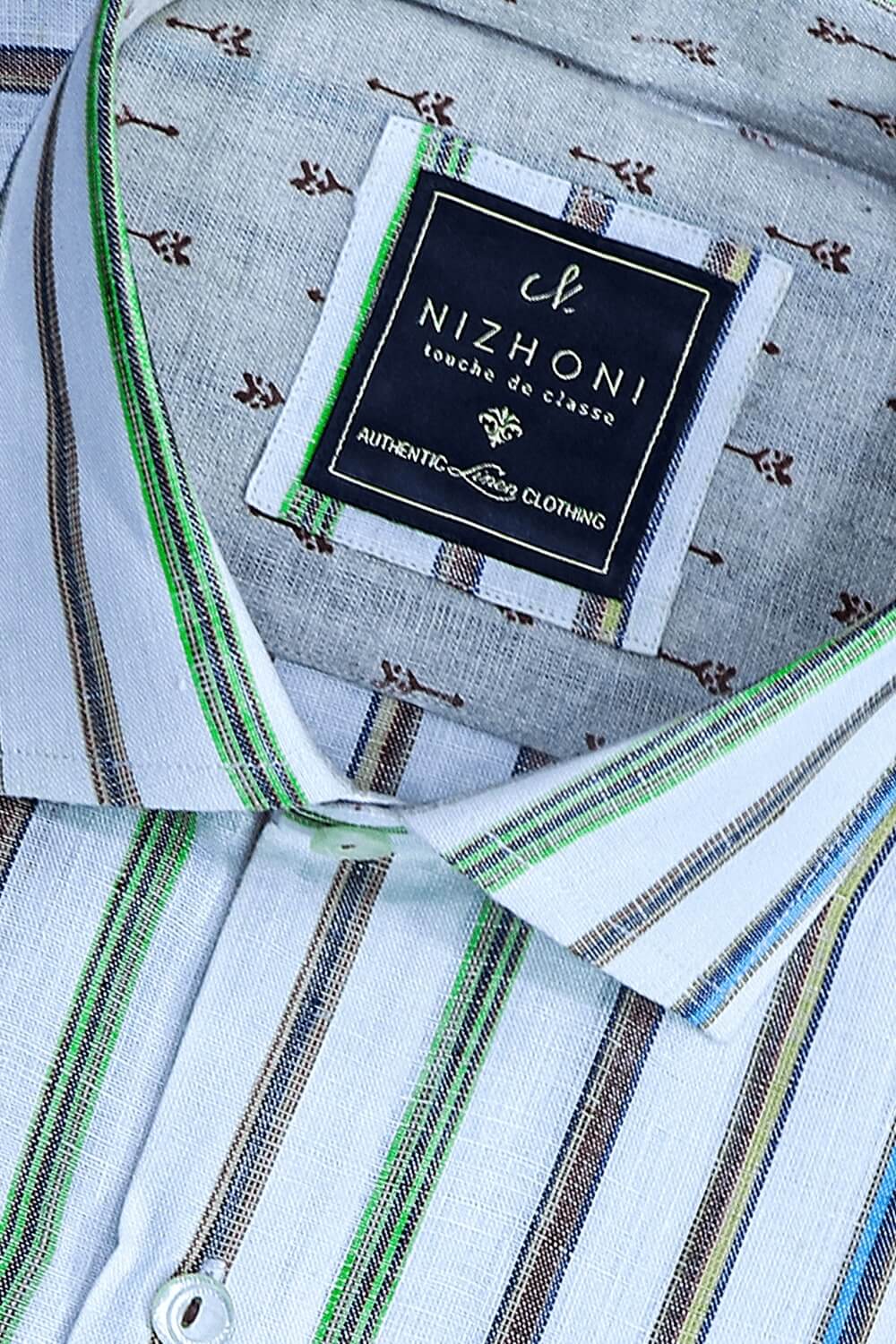 Cream Multi Color Stripes Pro Linen Half Sleeve Slim Fit Shirt 921