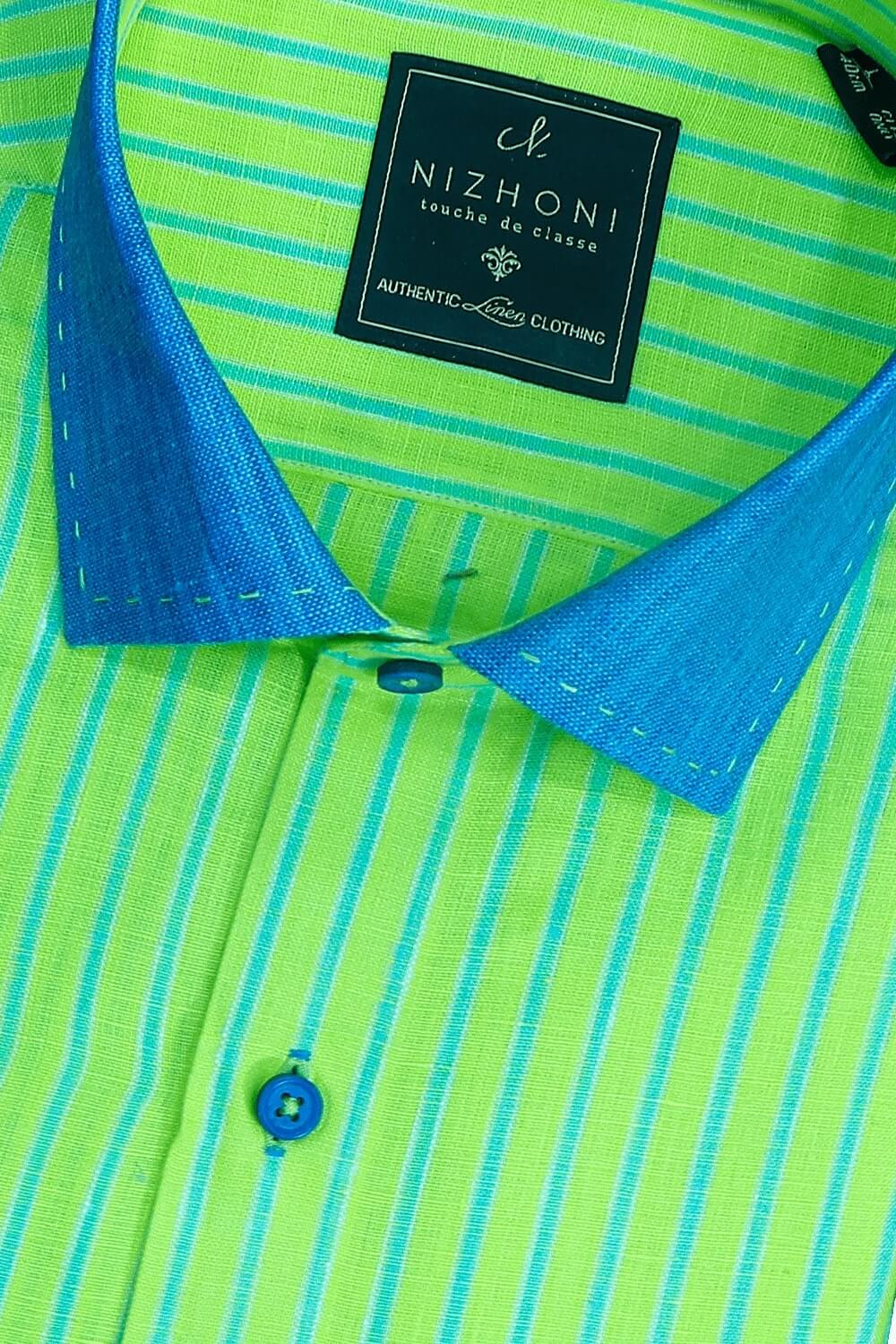 Nactor Green with Collar Detailing Pro Linen Slim Fit Shirt 1095