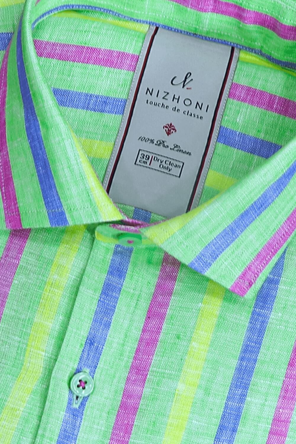 Green Multi Color Stripes Pro Linen Slim Fit Shirt 930