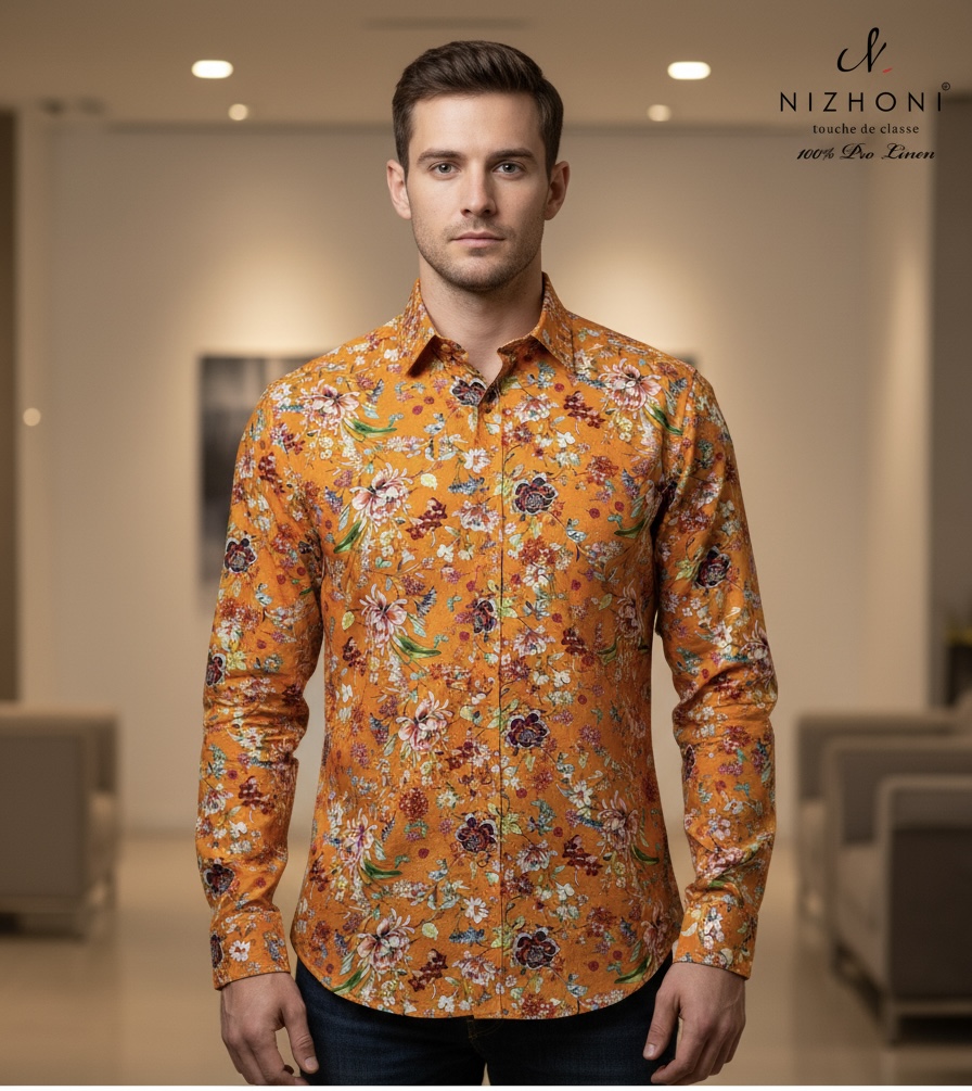 <p>ORANGE FLORAL PRINT DESIGN FULL SLEEVE SLIM FIT</p>