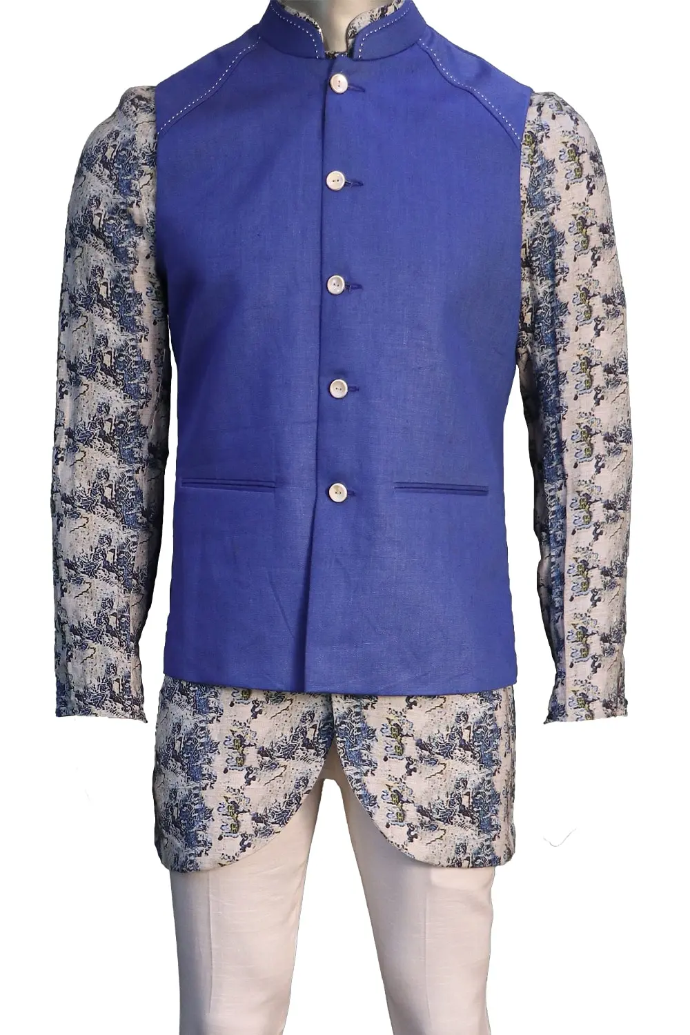 White Printed Kurta Set With Blue Detailed Jacket Pro Linen Bandi 7036